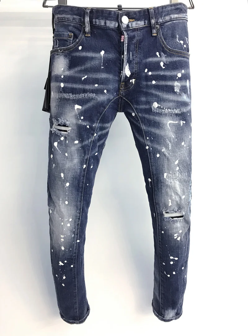 

Europe blue jeans dsq2 brand stripe hole mens jeans pants Men Slim jeans denim trousers blue hole button dsq Pants jeans for men