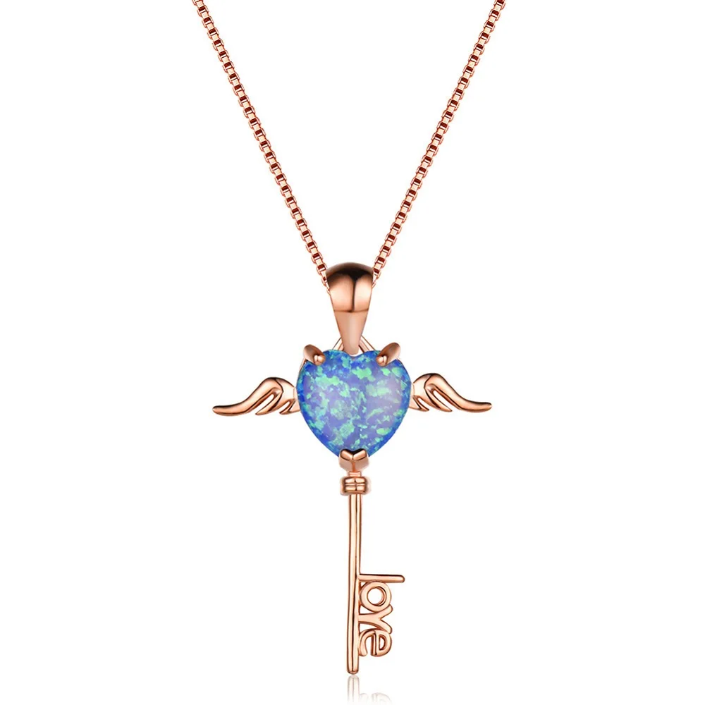 

Hot Sale Exquisite Love Heart Key Pendant Blue Rose Gold Color Necklaces For Women Gifts