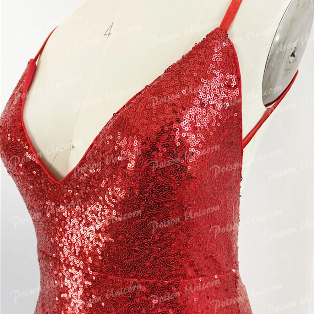 Sexy 2020 Red Cheap Mermaid Prom Dresses Long Sequined Spaghetti Straps V Neck High Side Split Evening Gown Vestidos De Fiesta | Свадьбы и