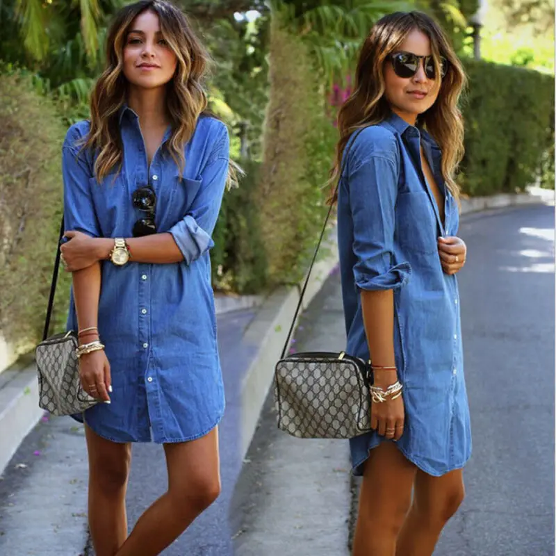 

Women's Autumn Fashion Brief Solid Turn Down Neck Button Blue Jeans Denim Shirt Long Sleeve Casual Loose Shirt Short Dress
