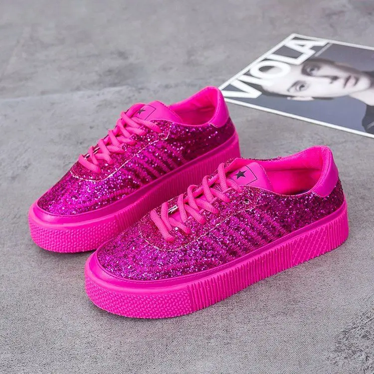 

Women's Shiny Flat Sneakers 2021 Lace-up Mesh Casual Sneakers Shiny Platform Comfortable Knitted Vulcanized Shoes Women's Shoes