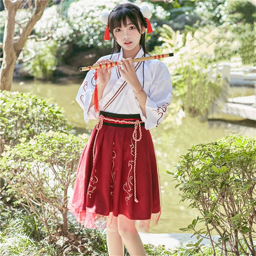 

Summer Woman Japanese Traditional Dress Embroidery Ancient Fashion Kimono Girls Japanese Style Clothes Outfits Lace Up Skirt