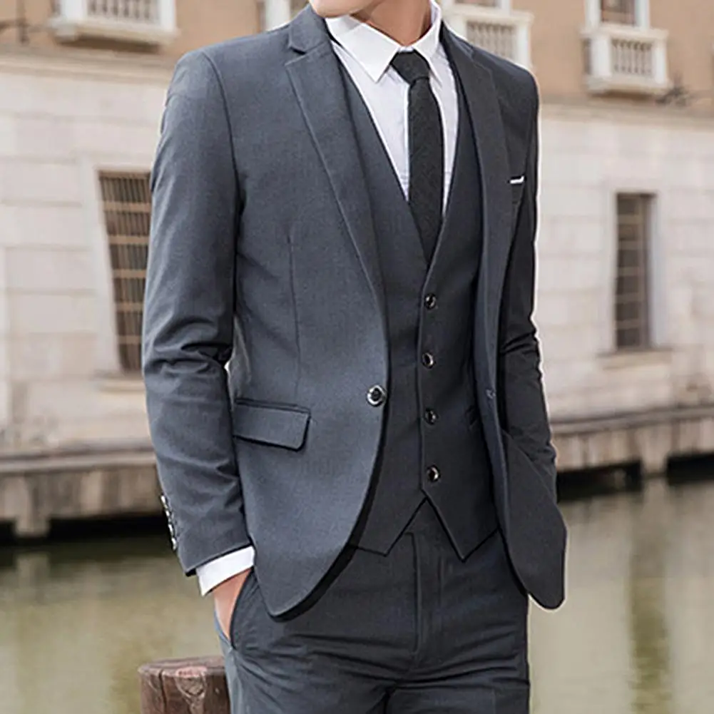 

Men Solid Color Lapel Collar Coat Vest Long Pants Business Wedding Slim Suit Set