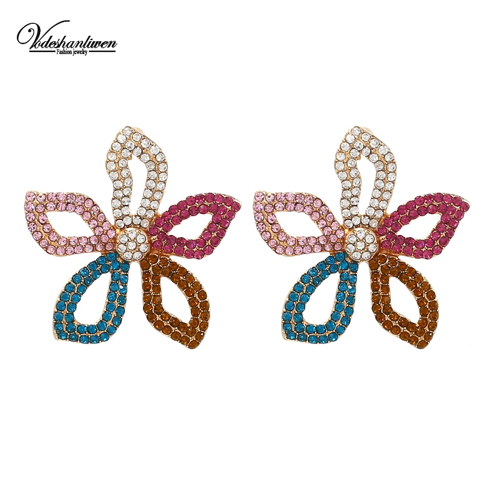 

Vodeshanliwen New Design Multicolor Rhinestone Flower Big Earrings High Quality Bohemian Stud Earrings For Women Accessory
