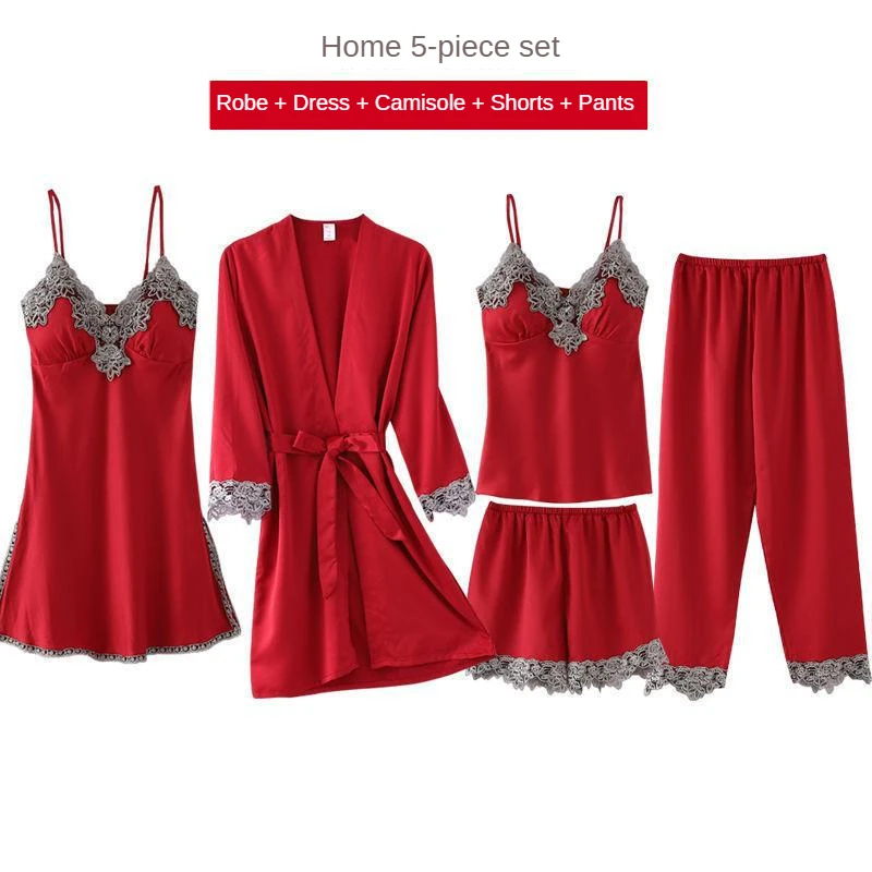 

New European And American Pajamas Five-piece Set Of Sexy Lingerie Sexy Pajamas Nightdress Ladies Home Clothes Silk Pajamas