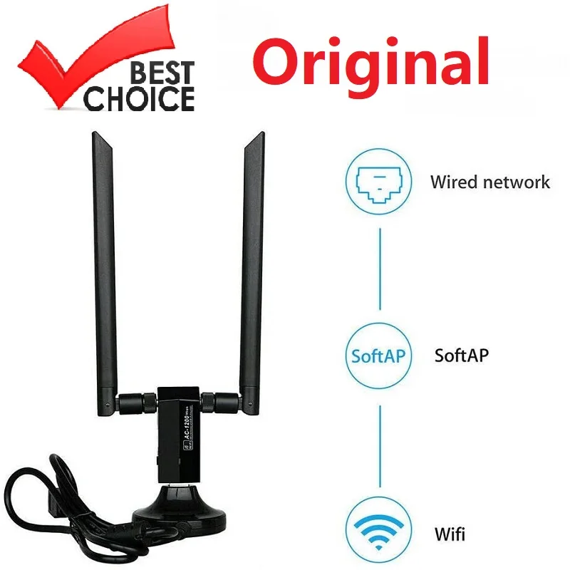 Wi-Fi адаптер USB 2,4 с поддержкой Wi-Fi 3,0G/5G, с базовым беспроводным переменным током, 1200 м, RTL8812AU, двойная антенна 5 дБи, сетевая карта для Windows и Linux - изображение