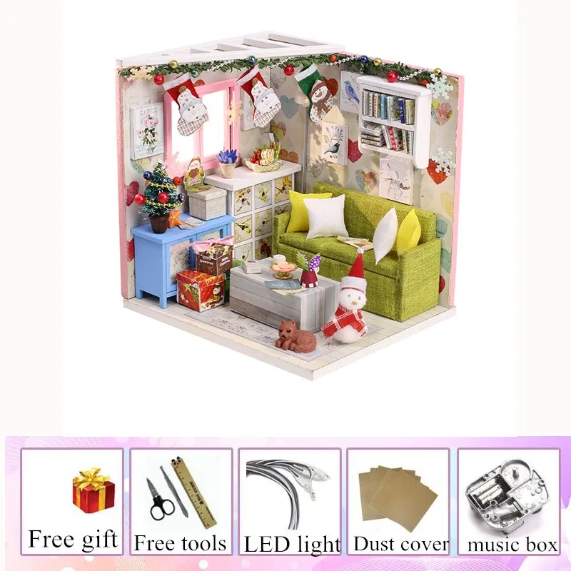 dust cover and music miniature house with light kast cat doll accessories diy mini wooden dollhouse tiny child doll house toy oyuncak bebek evi - Цвет: dust cover and music
