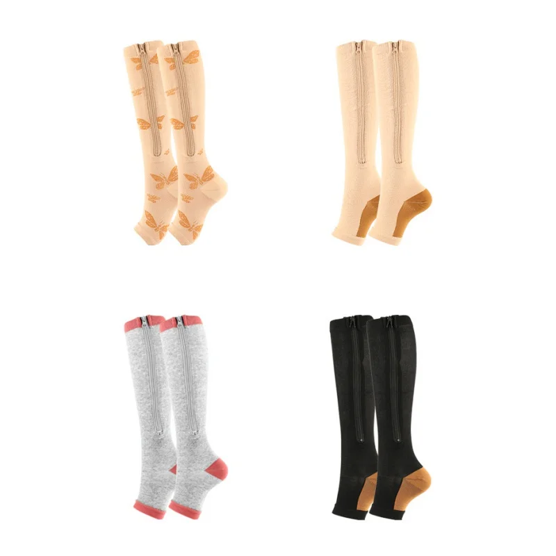 

1Pairs Zipper Compression Socks for Walking Runnng Calf Knee High Stocking Sports Open Toe Compression Socks