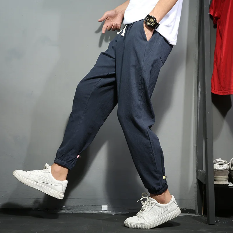 Брюки мужские льняные спортивные штаны повседневные облегающие брюки-султанки