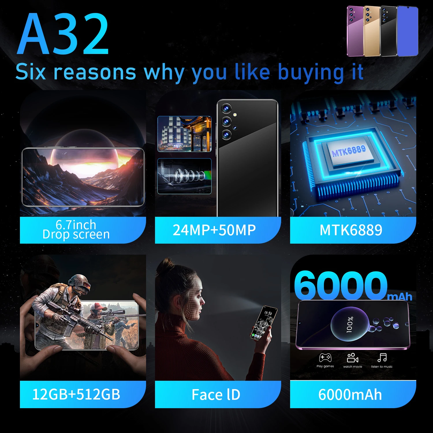 

2021 Global Version A32 6.7 Inch Smartphone 10 Core 12+512GB 24+50MP Full Screen Face ID Fingerprint Unlock 4G 5G Cellphone