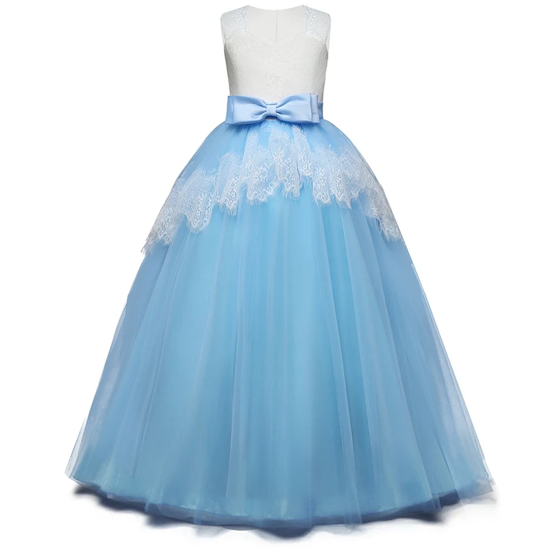 Blue Kid Dresses for Girls Wedding Elegant Flower Princess Formal Long Gown Baby Girl Christmas Dress Vestido Infantil 6 12 14 Years - Цвет: Blue