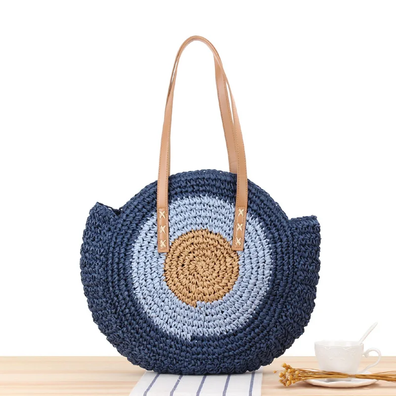 

New Summer Round Straw Bags for Women Rattan Shoulder Handmade Woven Beach Female Message Handbag Totes Good Quality
