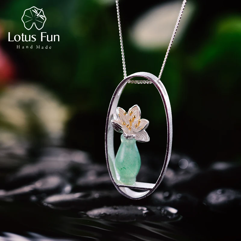 Lotus Fun-colgante de florero para mujer, de Aventurina Natural de Plata de Ley 925 auténtica, joyería fina hecha a mano, sin collar