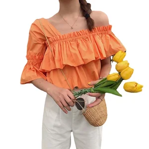 Женская блузка с расклешенными рукавами, элегантная белая блузка с оборками, Асимметричный топ с косым воротником, лето 2019