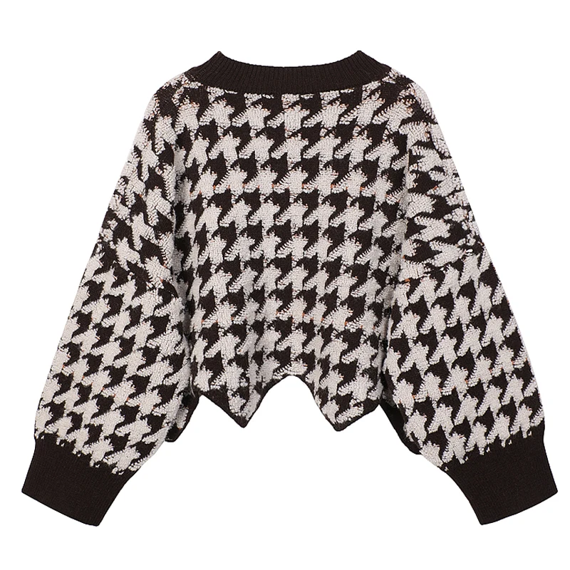 Женский укороченный свитер в клетку пуловер с V-образным вырезом и длинным