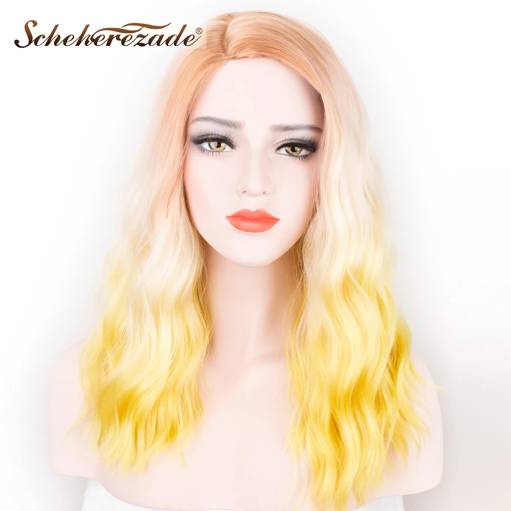 Scheherezade Оранжевый Белый Желтый 3 тона парик Боб Короткие Волнистые Синтетические