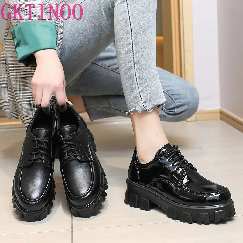 

GKTINOO Spring Shoes Female British Style 2021 New Thick-soled Lace-up Casual Loafers Genuine Leather Fashion Shoes Size 35-43