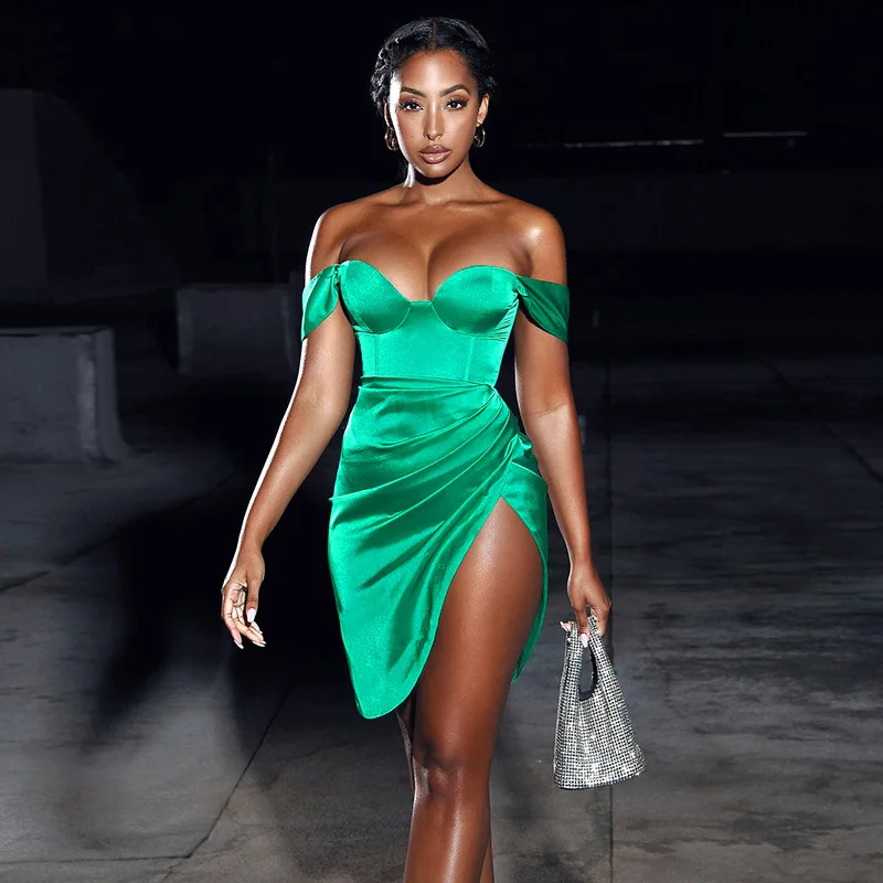 

New Off Shoulder Sexy Split Corset Satin Dress Prom Dresses High Side Slit Evening Dress Strapless Bodycon Party Night Club Dres