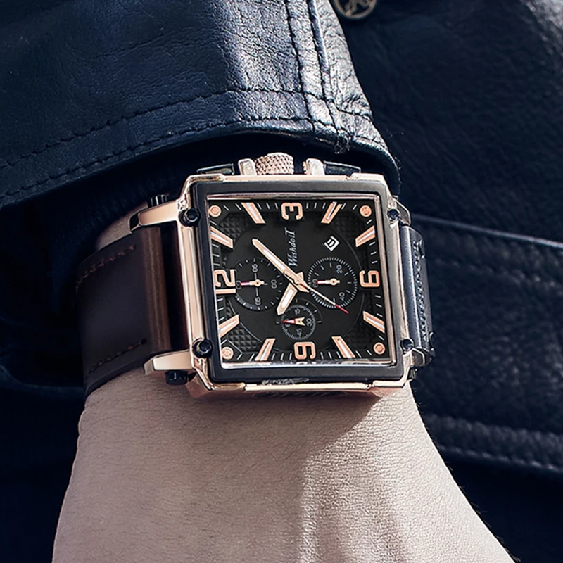 

2021 New Fashion Waterproof Men's Watch Top Brand Luxury Leather Square Large Dial Sports Quartz Chronograph