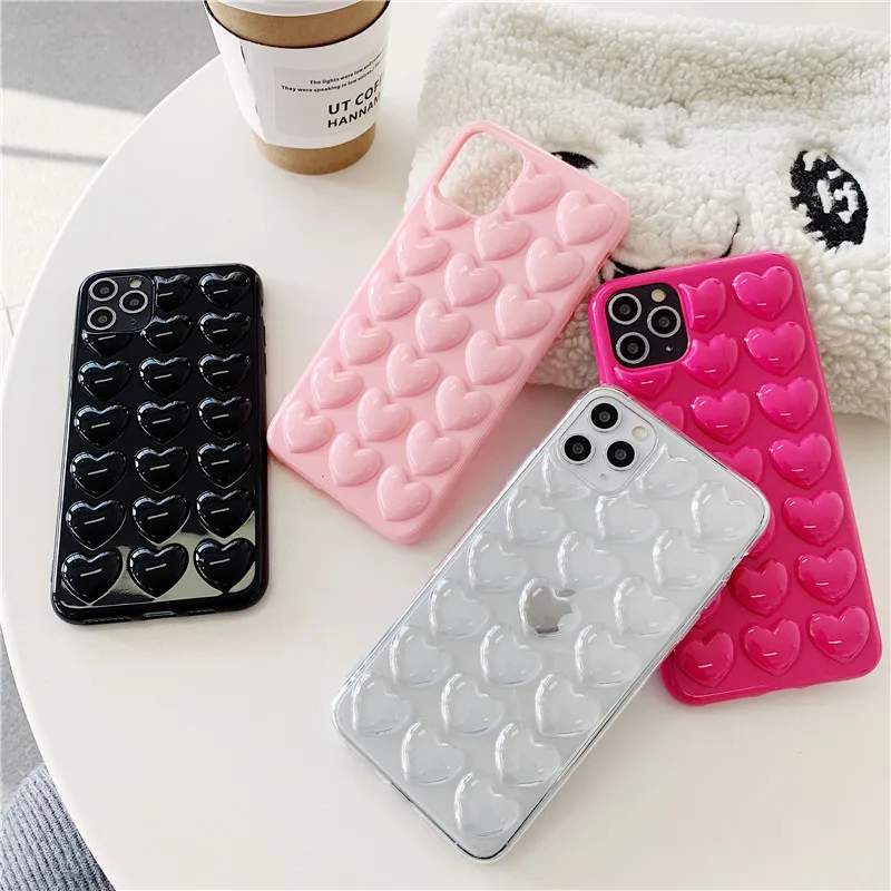 

Ins Cute Cartoon 3D Love Heart Candy Color Phone Case for iPhone 12 11 Pro Max Mini XS Max XR XS 7 8Plus Soft Silicon Back Cover