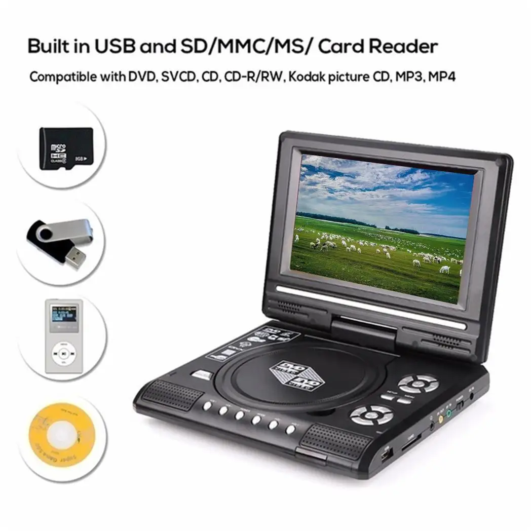 Портативный DVD плеер цифровой мультимедийный проигрыватель с 25 Вт игры FM MP3, WMA радиокарта 90-120 минут JPEG ридер