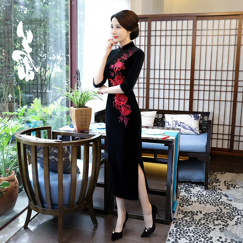 Осенне-зимнее бархатное длинное приталенное платье Ципао большого размера с