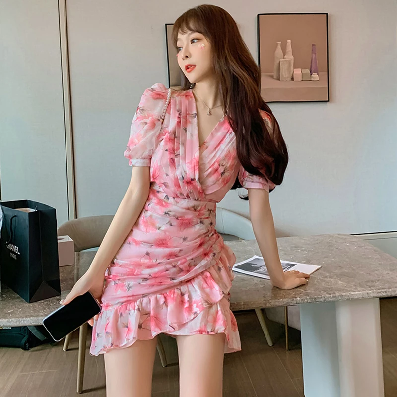 

Fashion Korean Vintage Puff Sleeve Mini Party Dress Ladies Elegant Coffee Break Casual Floral Print Ruffle Folds Beach Dress