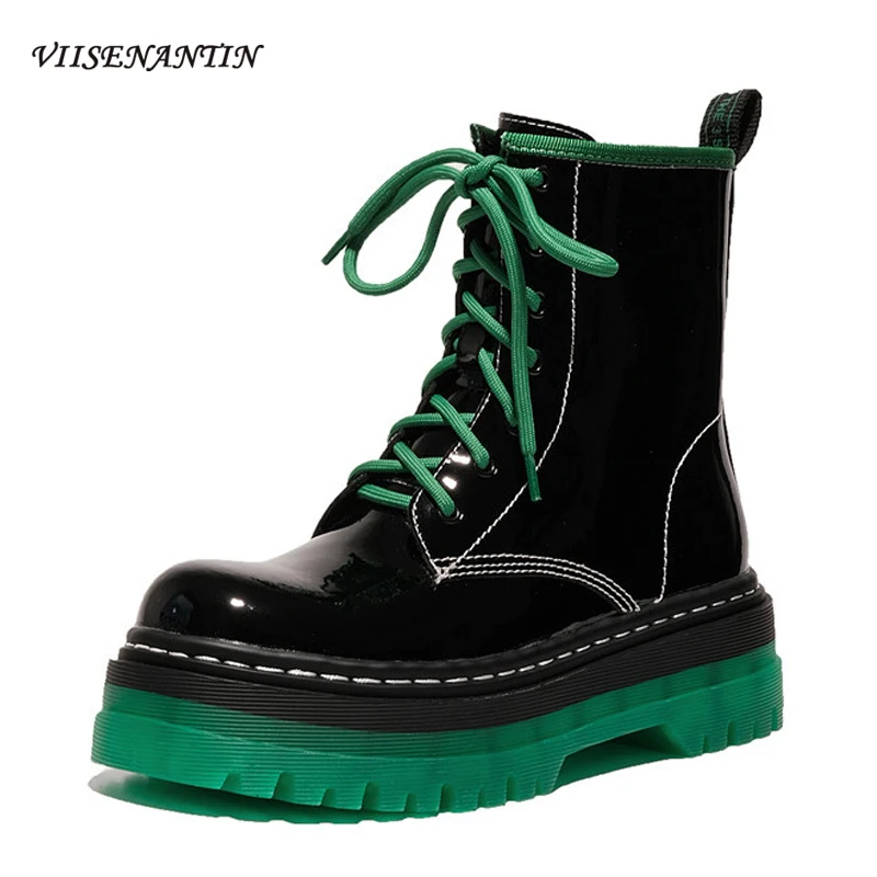 

Модные трендовые женские ботинки на толстой подошве, новый стиль, лакированная кожа, на шнуровке, британские короткие мотоциклетные ботинк...