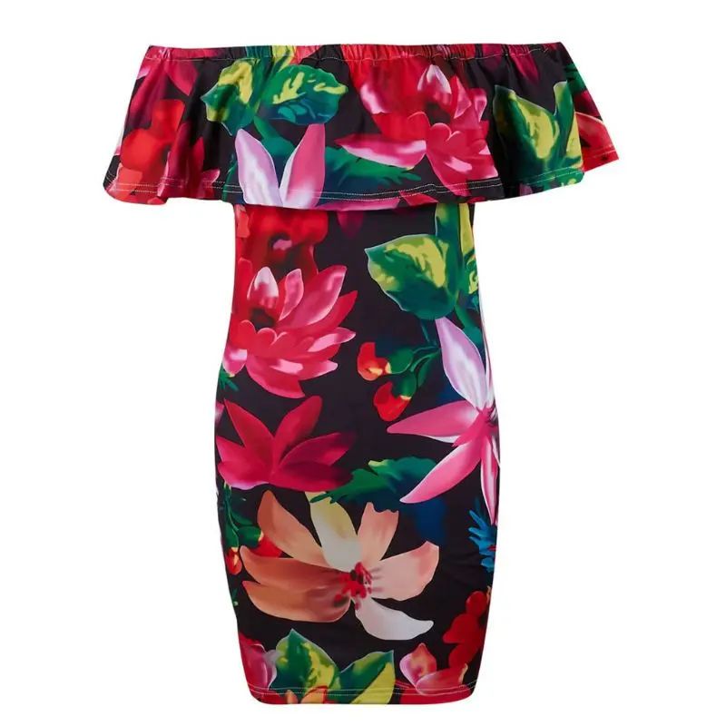 

2019 Summer Women Bodycon Off Shoulder Floral Print Cocktail Party Mini Dress