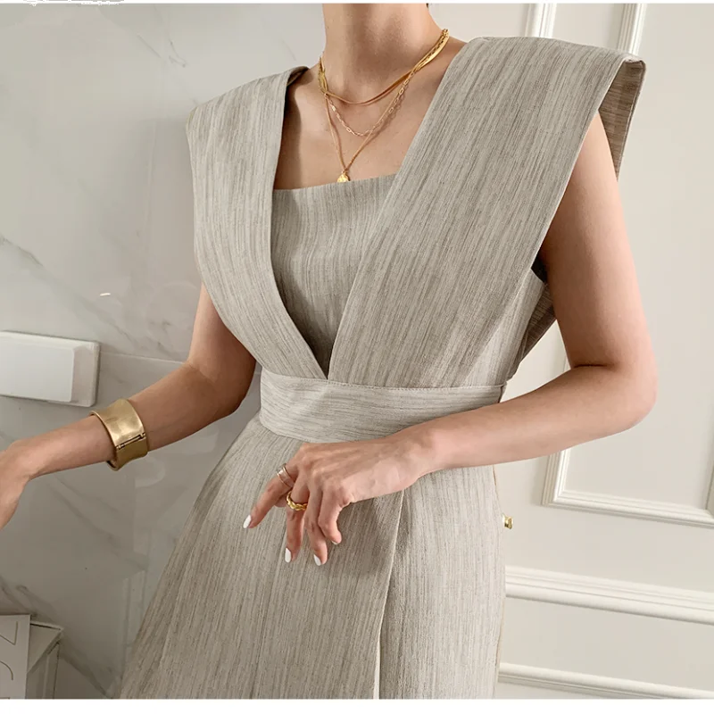 

Elegant Jumpsuit Women 2021 Summer Chic Square Collar High Waist Flying Sleeveless Rompers Wide Leg Pants Overalls