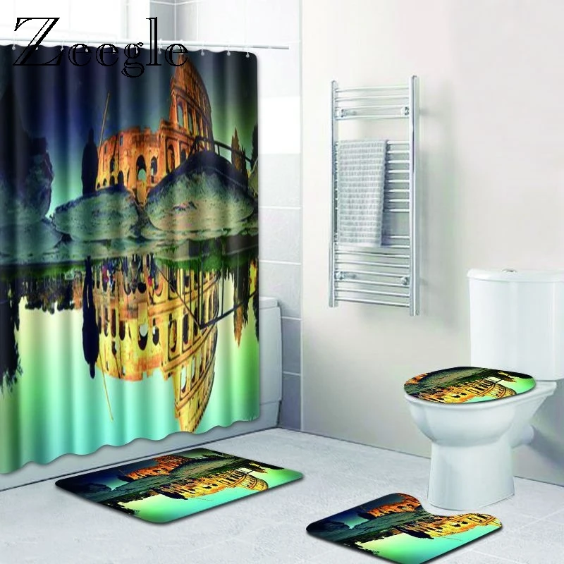

Zeegle 4 шт. коврик для ванной комнаты Набор водонепроницаемый занавес для ванной нескользящие Туалет пьедестал коврик для ног коврик для флан...