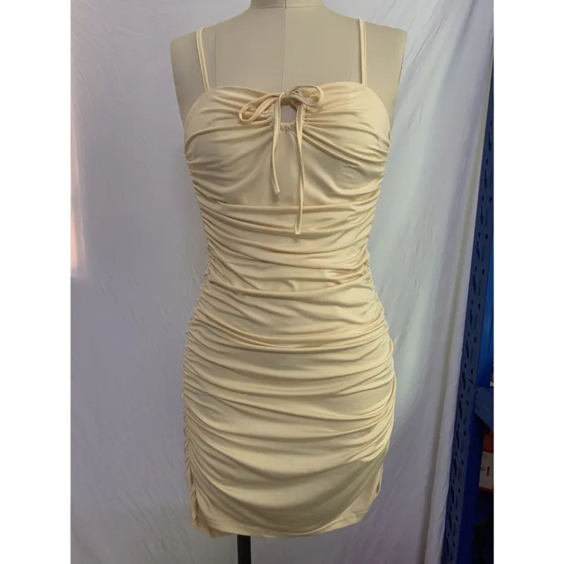 

Spaghetti Strap Ruched Backless Drawstring Dresses For Women Sleeveless Mini Sundress Ladies Skinny Beach Holiday Vestidos 2021