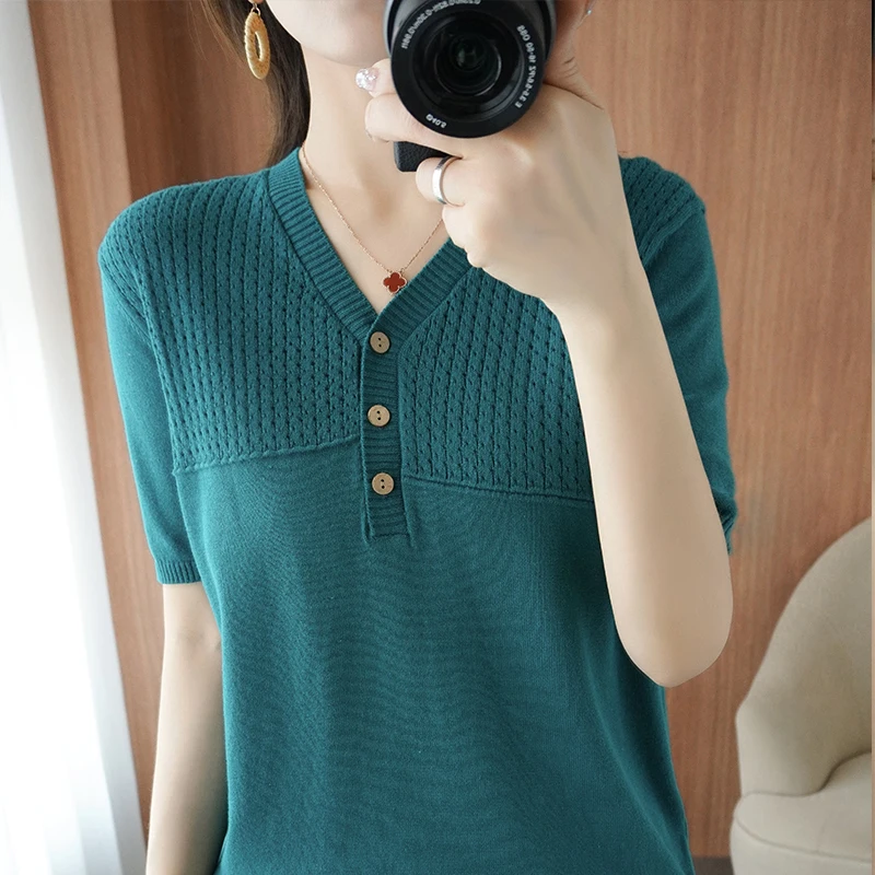 

Lafarvie Cotton T Shirt Ropa Mujer Tops Summer Clothes For Women V Neck Hollow Out Button Casual Oversized Korte Mouw Loose Tees