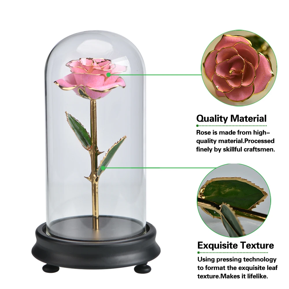 Реалистичная розовая в стеклянном куполе из 24 каратного золота искусственный