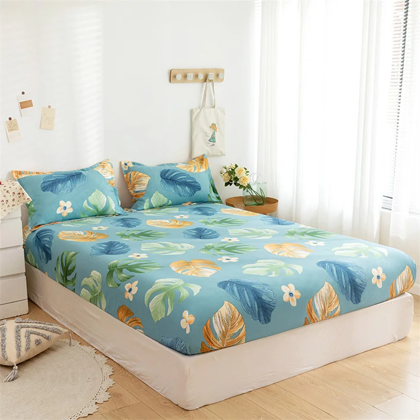 

Nordic Leaf Pattern Bed Linen Sheet Cotton Fitted Sheet with Elastic Band Matress Covers Wrinkle Portable(Pillowcase Need Order)