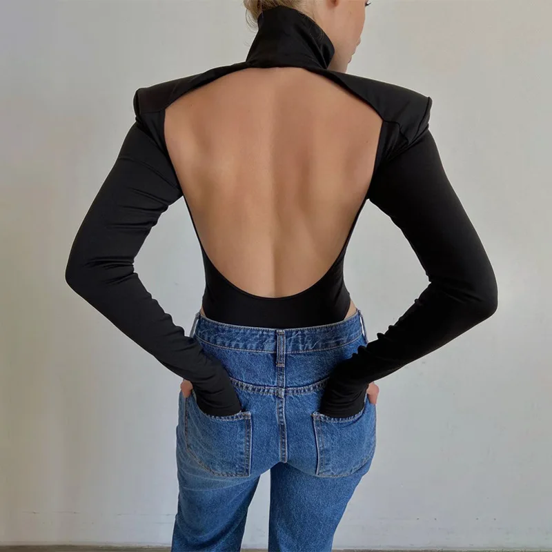 2020 Fashion Women Backless Bodysuit Long Sleeve Shoulder Pad Turtleneck Bodycon Sexy Party Elegant Autumn Winter Romper Body