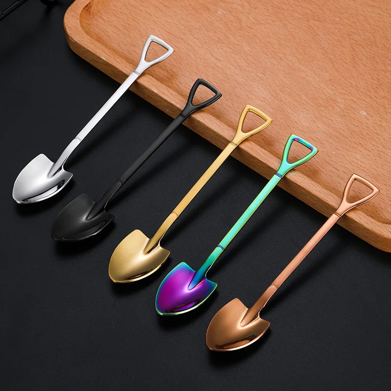 1PC Creative Food-Grade Stainless Steel Coffee Ice Cream Spoons Shovel Shape Multi-Color Long Handle Fork Teaspoons Kitchen Tool