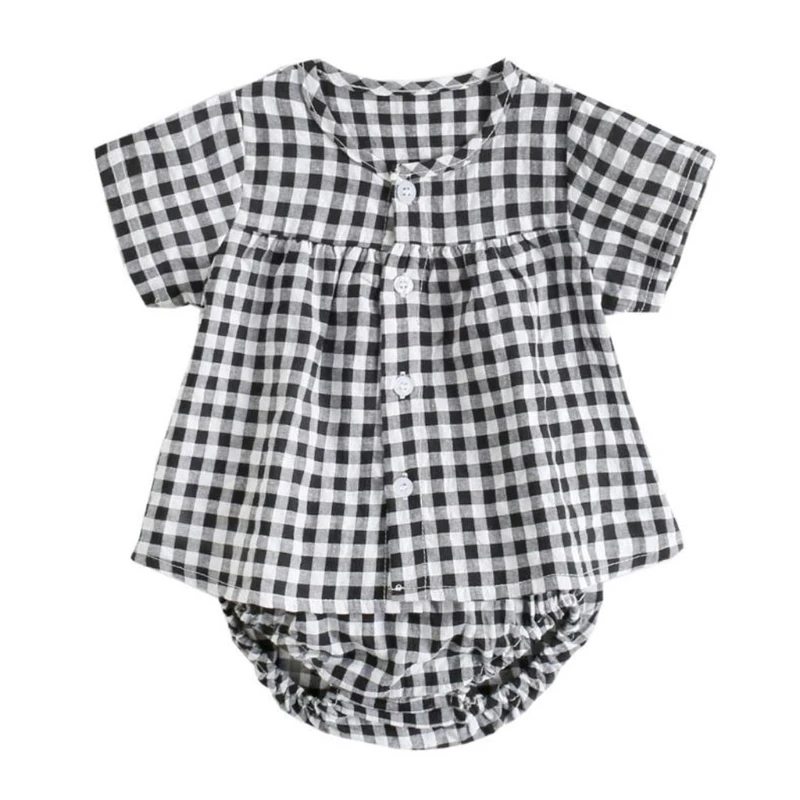 

Рубашка в клетку для малышей, кардиган с коротким рукавом Топ + трусы, шорты, штаны, комплект из двух предметов, костюм летняя рубашка боди дл...