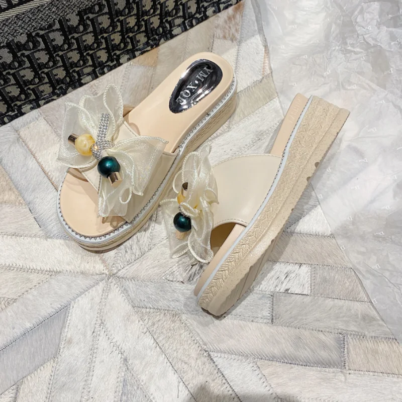 

2021 Women Summer Fashion Wedges Heel Shoes Slides Crystals Butterfly-knot Open Toe Light Women Pltform Slippers Wedge Sandals
