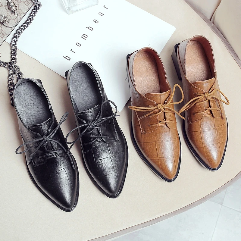 

INS Women pumps natural leather shoes plus size Cowhide pointed embossed lattice lace-up shoes British style ladies shoes