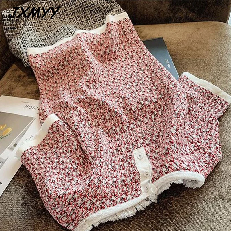 

2021Jacquard Plaid Summer T-shirt Women's O-neck Short Sleeve Ice Dress Knit Pullover Top Tassel Retro Loose Shirt Retro JXMYY