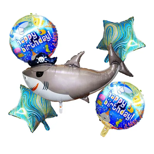 

5 PCS Pirate Shark Balloons Kit 2 Pcs 18 Inch Birthday Shark Mylar Balloon & 2 Pcs 18 Inch Agate Star for Shark Theme Birthday