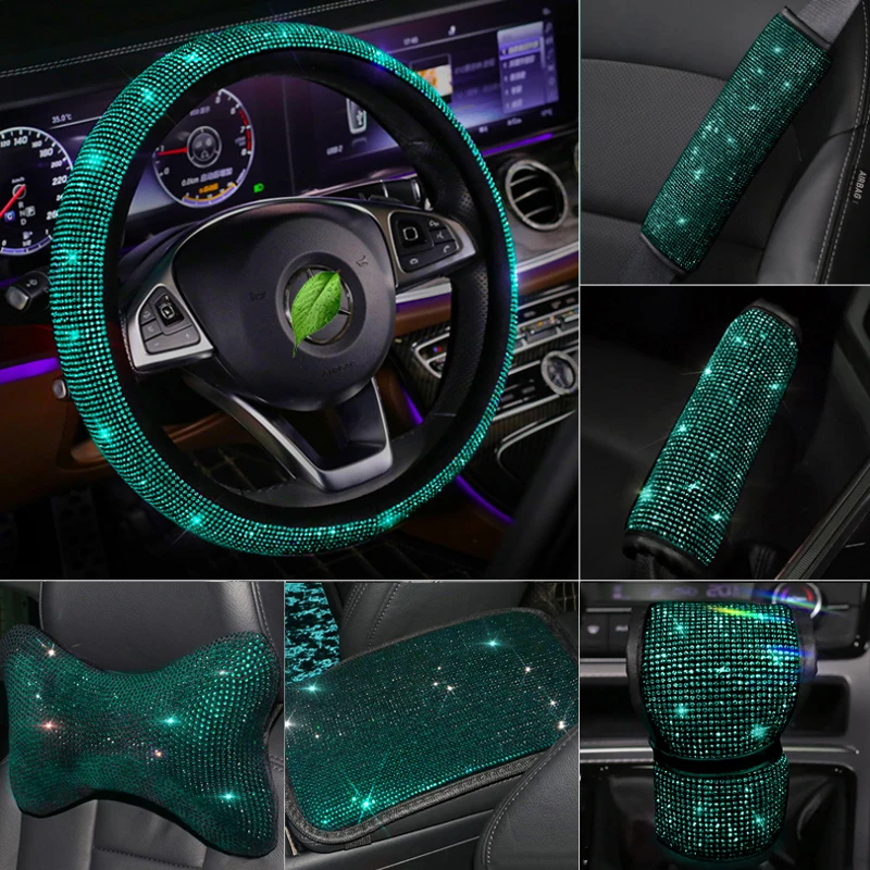 Luxury Rhinestones Crystal Green Car Seat belt cover pad Armrest cover Steering wheel cover Lady Auto Interior Accessories Women Luxury Rhinestones Crystal Green Car Seat belt cover pad Armrest cover Steering wheel cover Lady Auto Interior Accessories Women