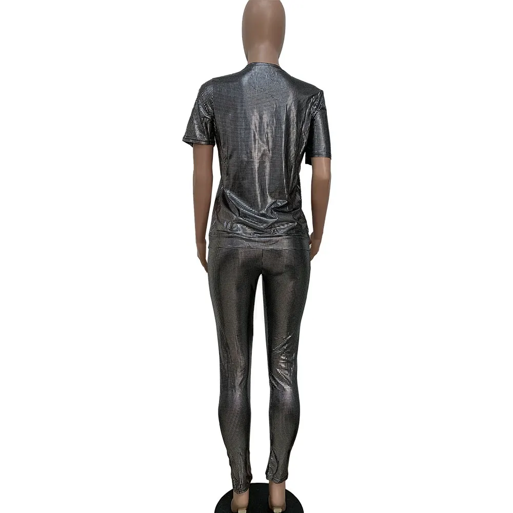 

Shiny Bodycon Sexy Matching Women 2 Two Piece Set Short Sleeve Slim Fit Tshirts and Skinny Legging Activewear Matching Outfits