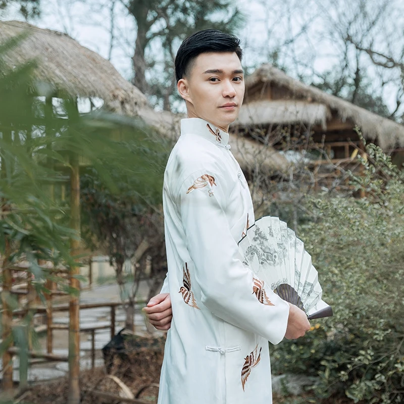 

Chinese modern white embroidered robe Performance clothing men cotton and linen gown young master Rich man cos set costumes