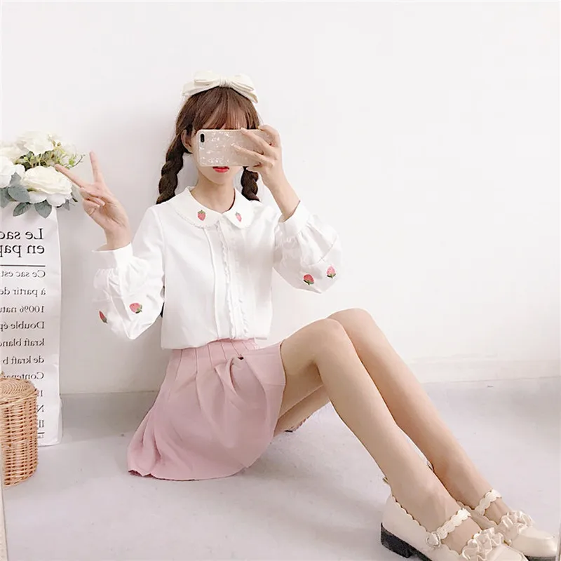 Очаровательные японские белые блузки Kawaii с длинным рукавом 2022 летняя Милая