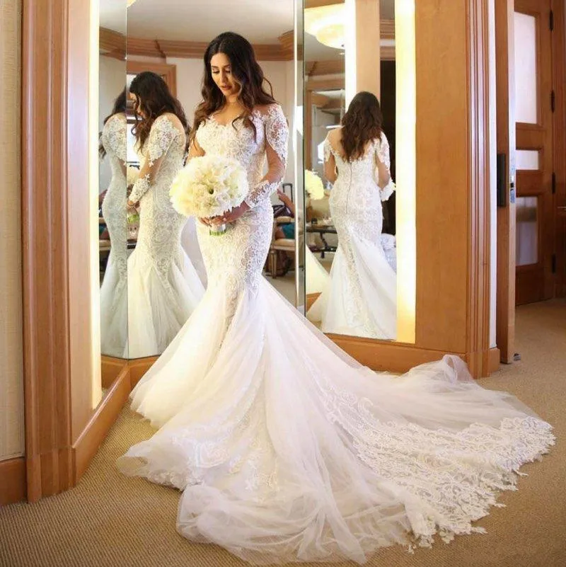 

Elegant Mermaid Lace Wedding Dresses With Long Sleeves Sheer Bateau Neck Appliqued Bridal Gowns Plus Size Tulle Vestido De Novia