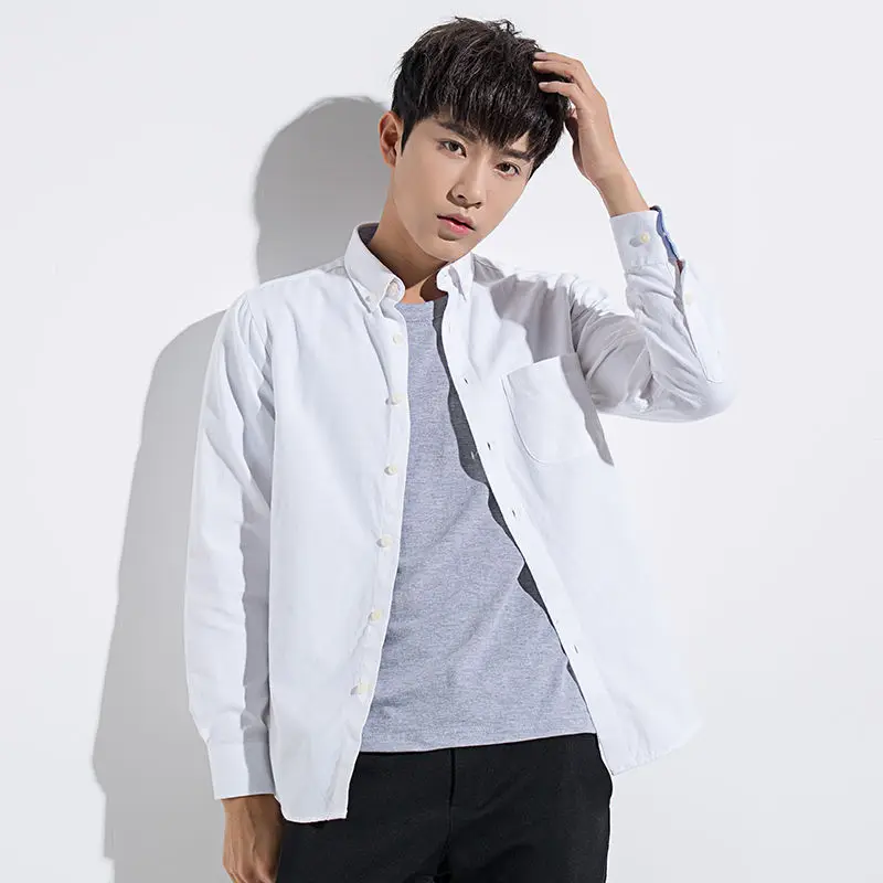 Модные мужские рубашки Оксфордские с длинными рукавами молодежные белые для