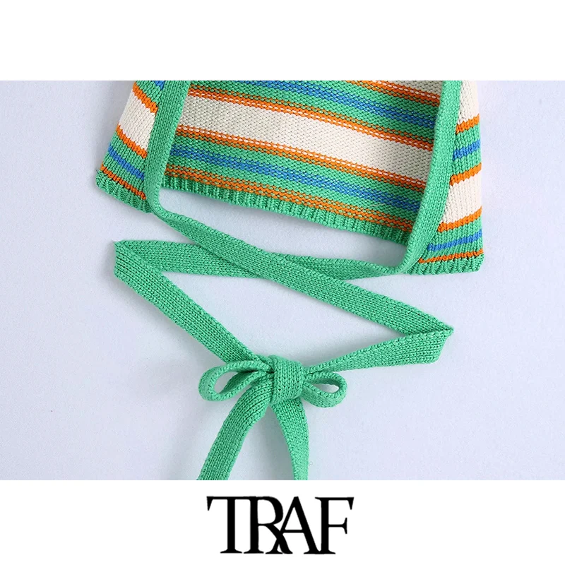 

TRAF Women Sweet Fashion Striped Crop Knitted Tank Tops Vintage Halter Neck Backless Bow Tied Female Camis Mujer