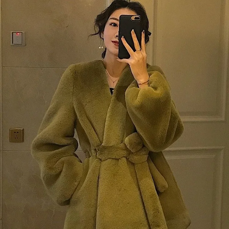 Belt Drawstring Solid Fur Women Coats For Winter 2021 V-Neck Slim Solid Elegant Office Lady Outwear Jackets Tops